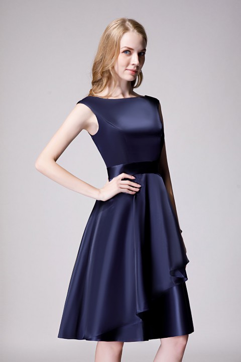 Scoop Neck Knee-Length Satin Bridesmaid Dress With Cascading Ruffles