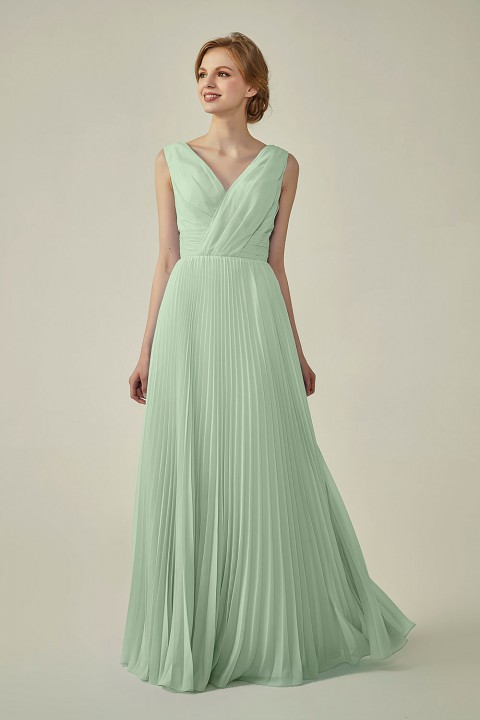 Chiffon V-Neck and V-Back A-Line Pleated Bridesmaid Dress 