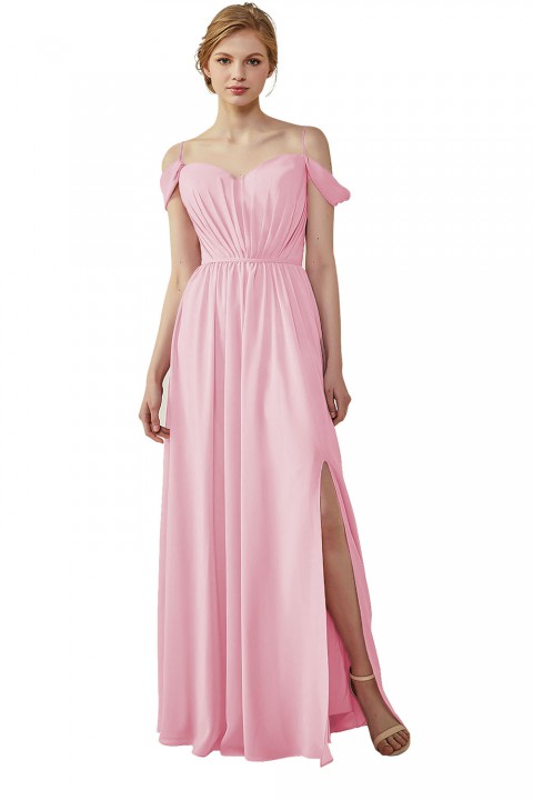 A-Line Cold Shoulder Spaghetti Straps Chiffon Bridesmaid Dress with Side Slit