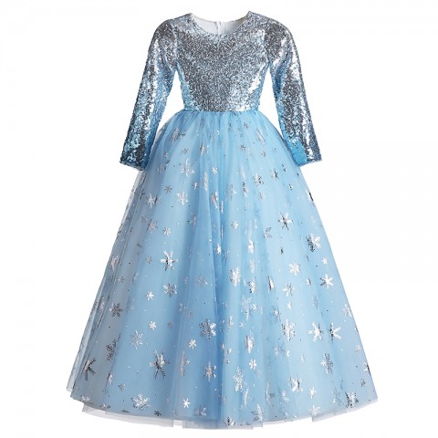 Sky Blue Round Neck Long  Sequin Sleeves Shiny Snowflake Pattern Decor Tulle Skirt Girls Pageant Dress