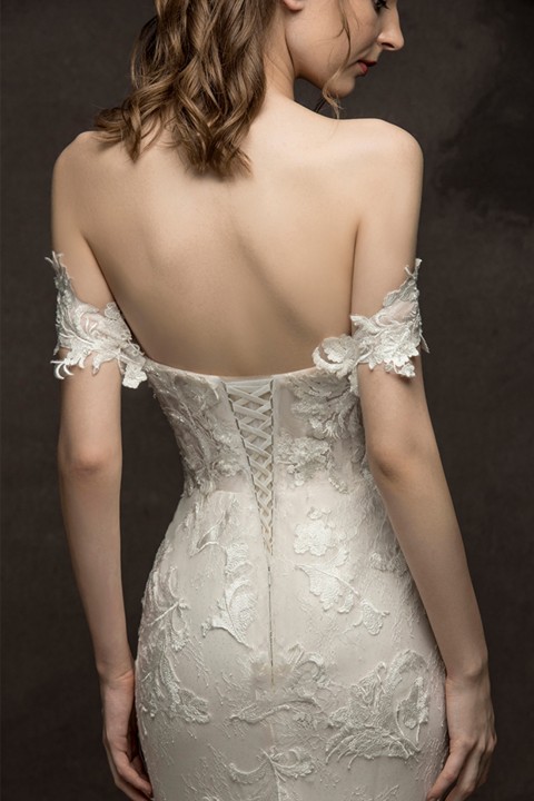 Off Shoulder Corset Back Lace Applique Mermaid Wedding Dress