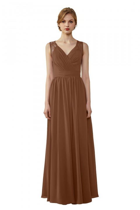 Lace Illusion Back Closure with Button Ruched V-Neck Bridesmaid Dress 