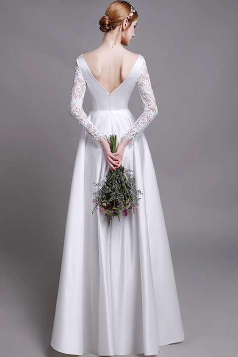 Lace Long Sleeve V Neck & Back A-Line Satin Wedding Dress