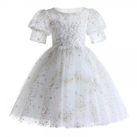 White Vintage Round Neck Short Puff Sleeves Beaded & Sequined Flower Shiny Tulle Short Skirt Girls Pageant Dress