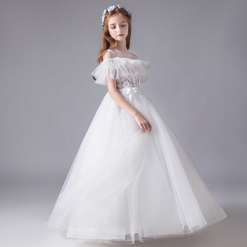 White Cold Shoulder With Flounce Flower Decor Tulle Skirt Girls Pageant Dress