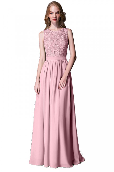 Lace Upper Bodice Illusion Scoop Neck Chiffon Bridesmaid Dress Sleeveless