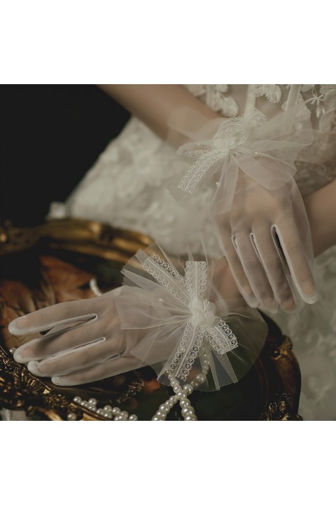 White Handmade Lace Bow Decor Thin Tulle Wedding Bridal Gloves