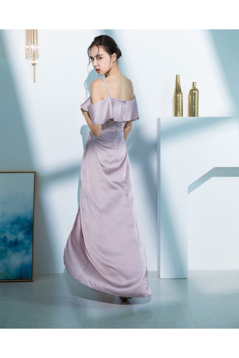 Lavender Cold Shoulder Flounce Decor High Split Luxe Satin Bridesmaid Dress