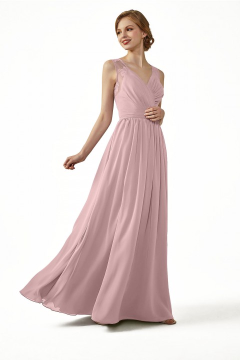 Lace Illusion Back Closure with Button Ruched V-Neck Bridesmaid Dress 