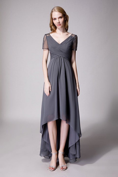 Criss Pleated V-neck High-low Chiffon Bridesmaid Dress with Illusion Sleeves