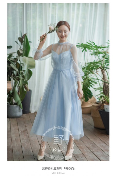 Crystal Blue Round Neck Long Tulle Sleeves High Waist Chiffon Bridesmaid Dress