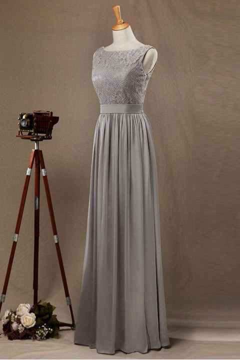 Boatneck Low Scoop Back Lace Bridesmaid Dress with Silk Belt