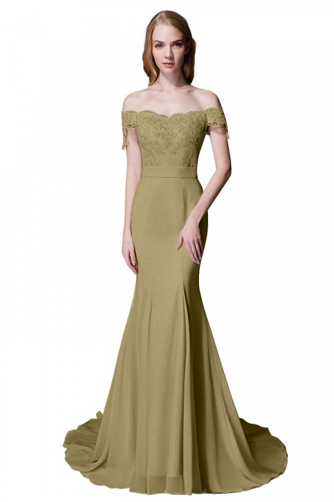 Elegant Mermaid Off Shoulder Chiffon Lace Straight Bridesmaid Dress with Train