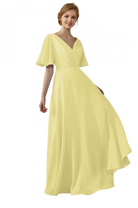 Casual V-Neck Flutter Sleeves Chiffon Ruched Bridesmaid Dress with Keyhole Back