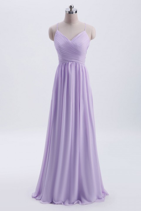 Spaghetti Straps Pleated Chiffon Bridesmaid Dress with Lace Open Back