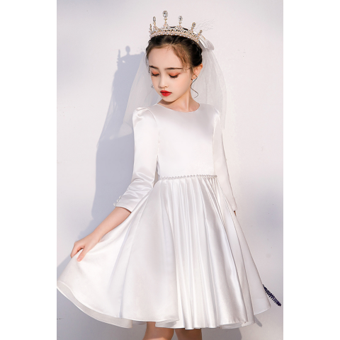 Creamy White Satin Bow Long Sleeves Princess Tulle Skirt Flower Girl Dresses