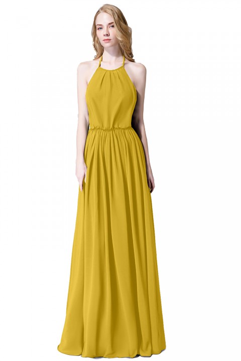 Halter Spaghetti Strap Open Back Chiffon Bridesmaid Dress with Sash