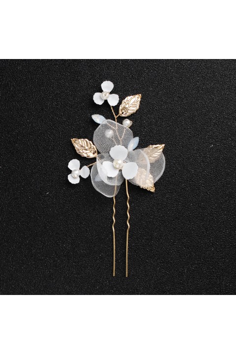 Floral Leaf Shaped Pearl Mesh Bridal Hairpin (1 in a set)