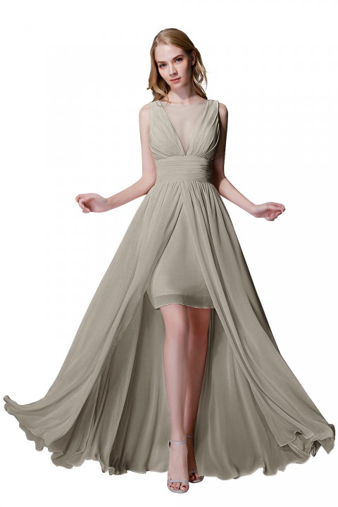 Plunging Illusion Tulle Scoop Neck High Slit Chiffon Bridesmaid Dress