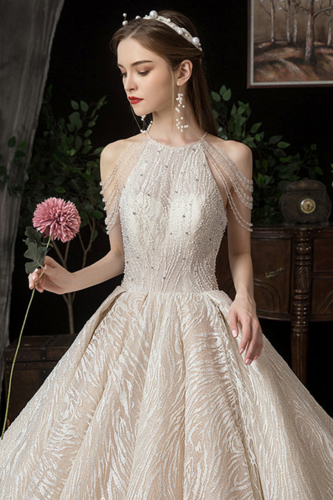 2021 New Halter Sleeveless Beading Decor Tulle Wedding Dress With Long Train