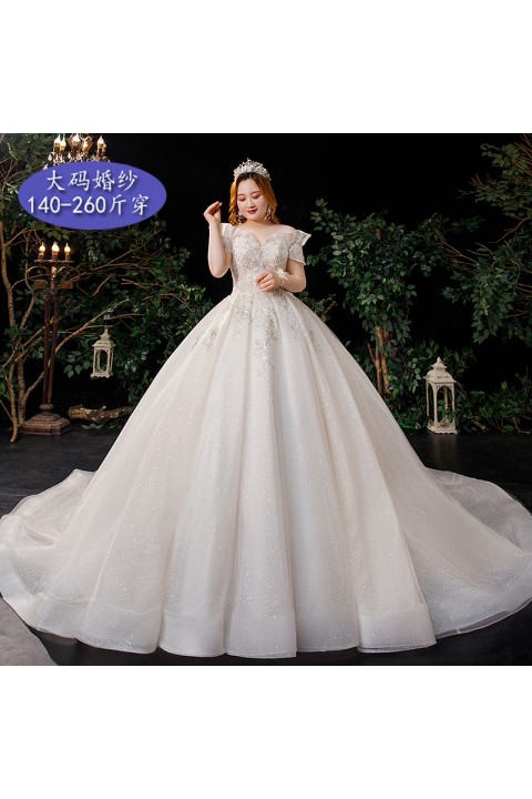 Plus Size 2021 Off Shoulder Sleeveless Sequin Decor Tulle Wedding Dress With Long Train
