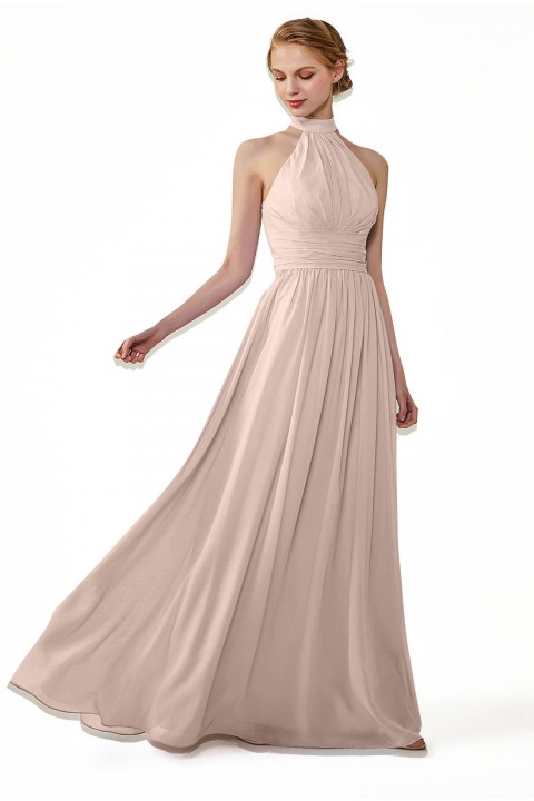 High Neck Chiffon Lace Triangle Back Halter Bridesmaid Dress