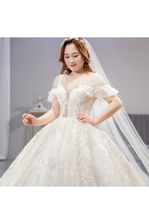 Plus Size 2021 New Round Neck Cap Sleeves Sequin Decor Tulle Wedding Dress With Long Train