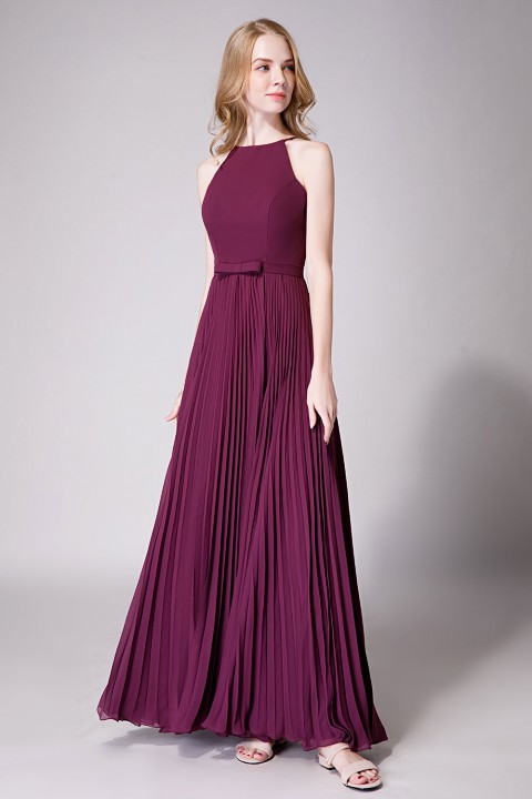 Fit-and-Flare Slit High-Neck Halter Bridesmaid Dress with Bowknot
