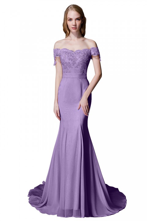 Elegant Mermaid Off Shoulder Chiffon Lace Straight Bridesmaid Dress with Train