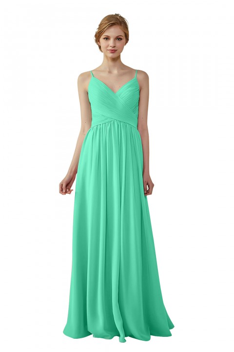 Spaghetti Straps Pleated Low V Back Bridesmaid Dress