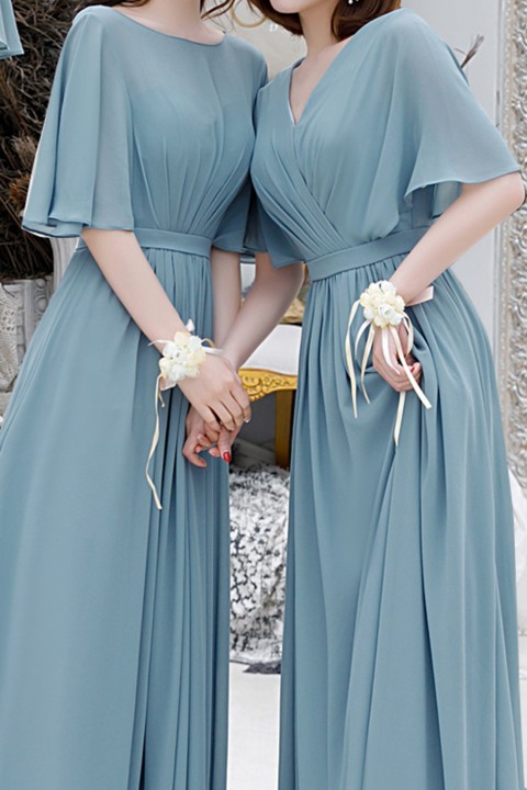 Boat Neck Bat Sleeve Pleated Chiffon Long Bridesmaid Dress with Corsage Back