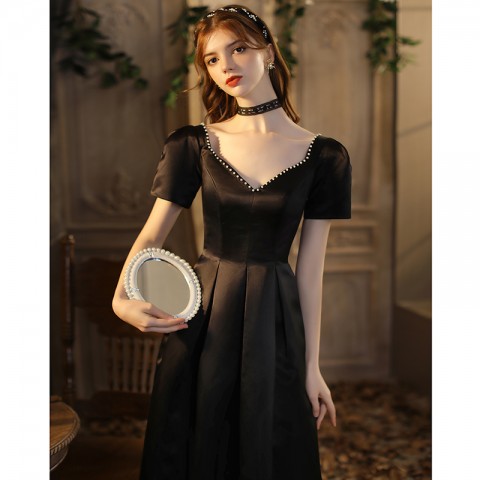 Black Heart Neck Cap Sleeves Pearl Decor Satin Party Dress