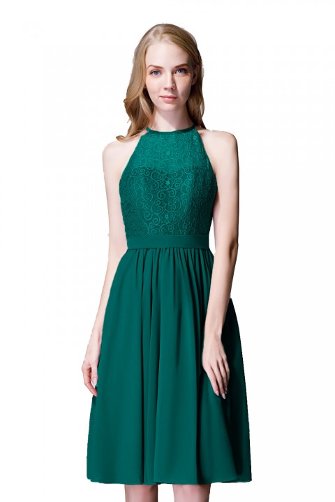 Illusion High Neck Halter Lace Short Bridesmaid Dress with Tie Detail