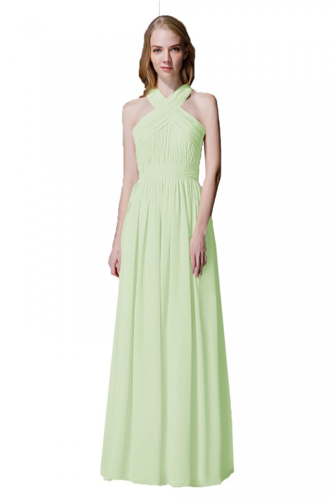 Criss-cross Halter Pleated Chiffon Bridesmaid Dress with Cross-straps Back