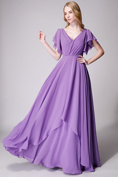 Flutter Sleeve Chiffon Ruched V Back Bridesmaid Dress Long