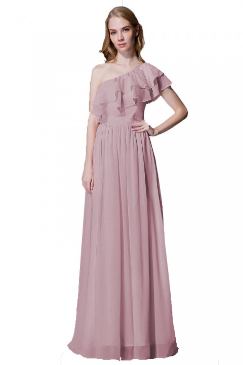 Asymmetrical One-Shoulder Flounce Chiffon Bridesmaid Dress Long