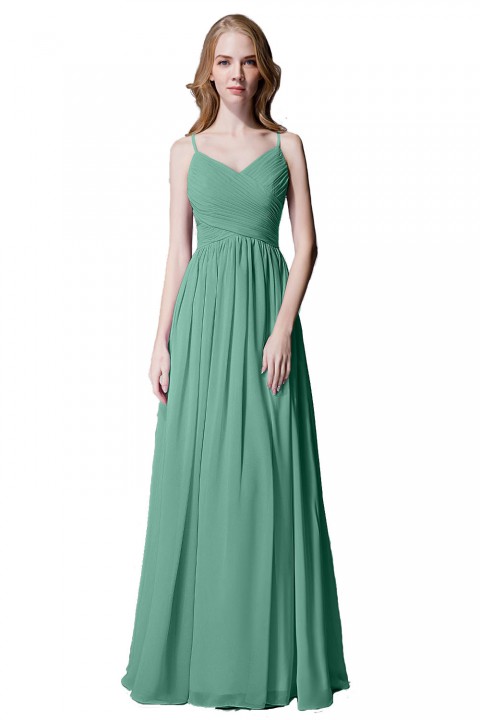 Spaghetti Straps Pleated Chiffon Bridesmaid Dress with Lace Open Back