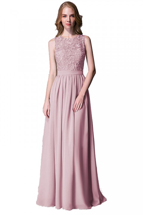 Lace Upper Bodice Illusion Scoop Neck Chiffon Bridesmaid Dress Sleeveless