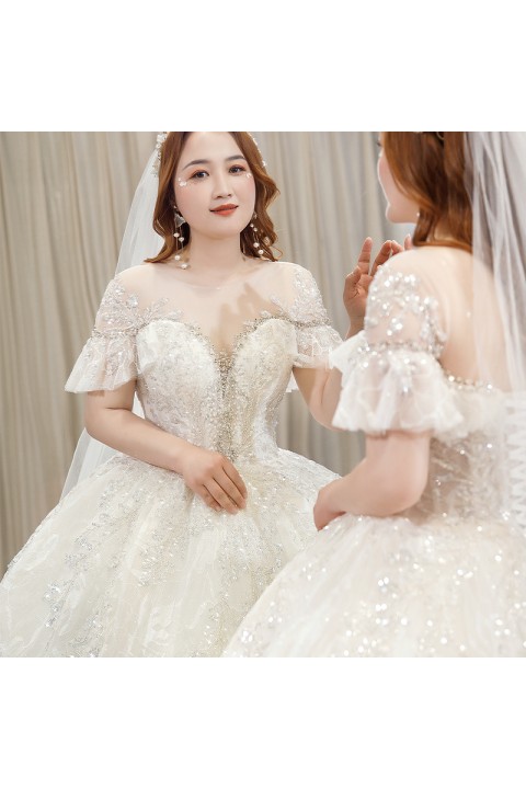 Plus Size 2021 New Round Neck Cap Sleeves Sequin Decor Tulle Wedding Dress With Long Train