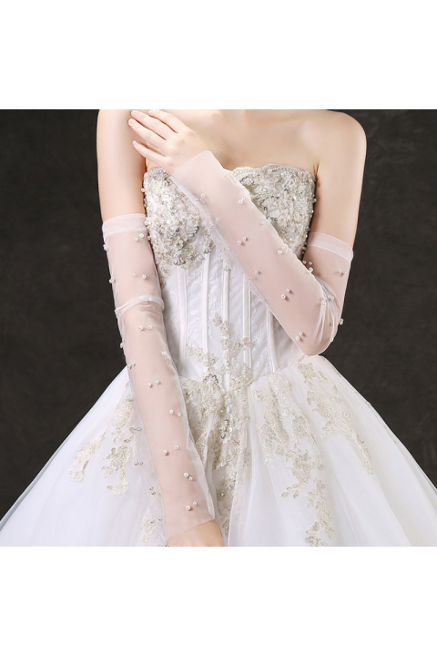 White Fingerless Long Sleeves Beads Decor Tulle Wedding Bridal Gloves