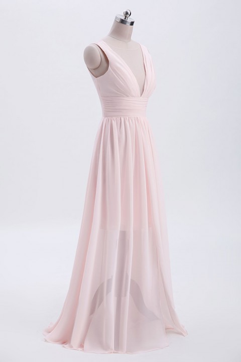 Plunging Illusion Tulle Scoop Neck High Slit Chiffon Bridesmaid Dress