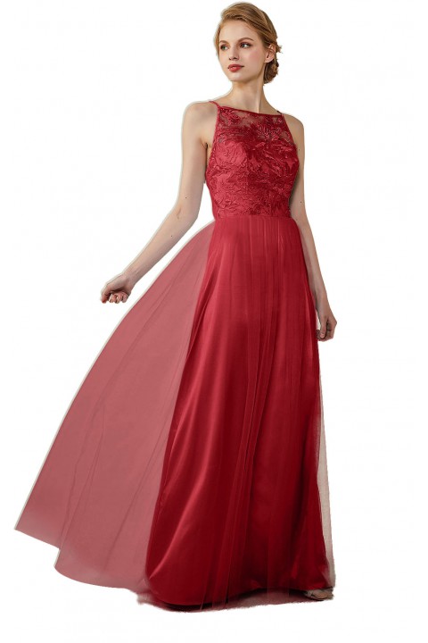 Tulle Lace Illusion Boatneck and Back Bridesmaid Dress with Keyhole 