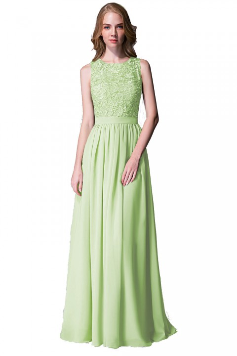 Lace Upper Bodice Illusion Scoop Neck Chiffon Bridesmaid Dress Sleeveless