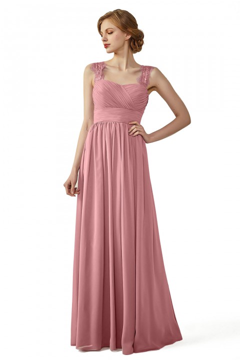 Pleated Long Chiffon Open Back Lace Strap Bridesmaid Dress