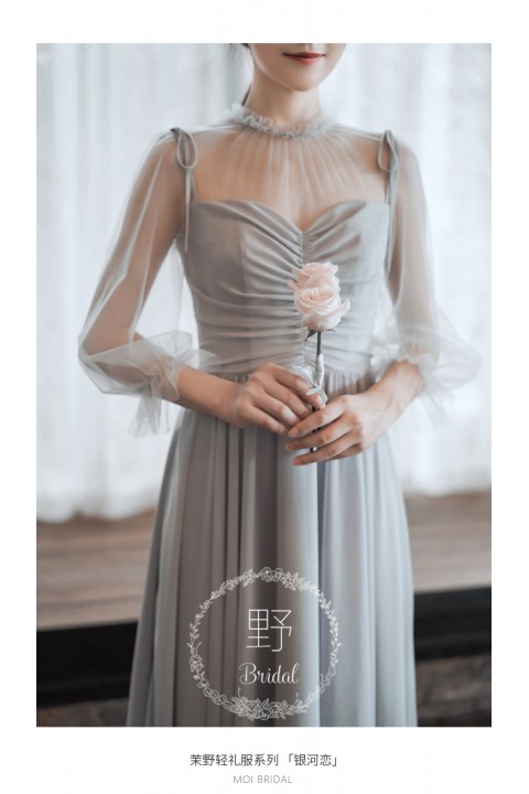 Grey Round Neck Long Tulle Sleeves Chiffon Bridesmaid Dress