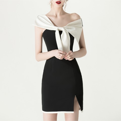 Special Bow Neckline Design Sleeveless Open Fork Skirt Satin Party Dress