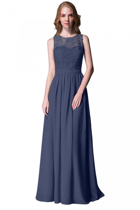 Lace Upper Bodice Illusion Scoop Neck Chiffon Bridesmaid Dress Sleeveless