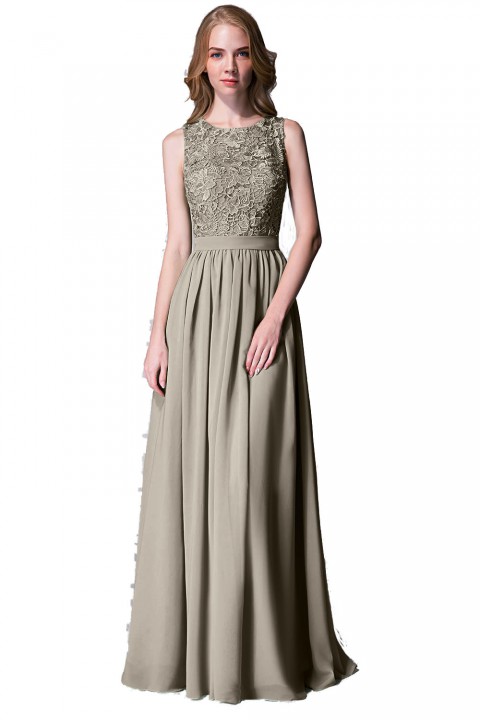 Lace Upper Bodice Illusion Scoop Neck Chiffon Bridesmaid Dress Sleeveless