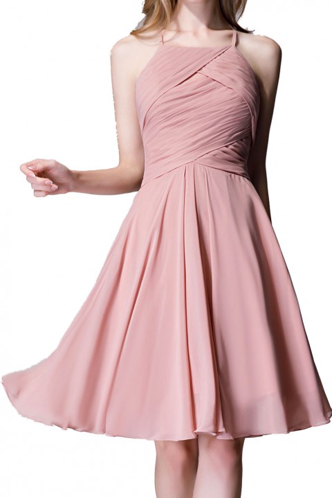 Elegant Halter Tea Length Pleated Chiffon Bridesmaid Dress with Tie Back