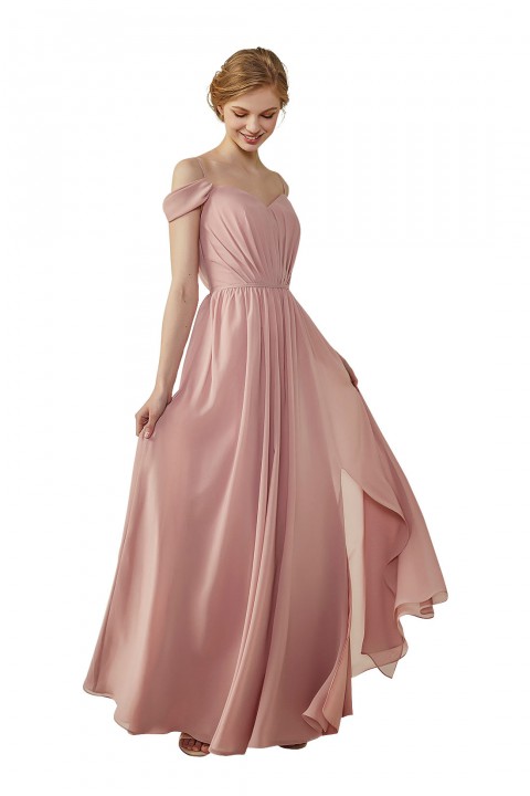 A-Line Cold Shoulder Spaghetti Straps Chiffon Bridesmaid Dress with Side Slit